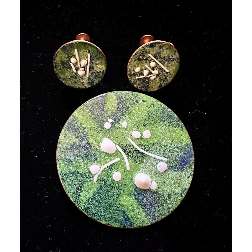 1950's Hand made Copper & Enamel Pin and Earrings Set Green White MCM
